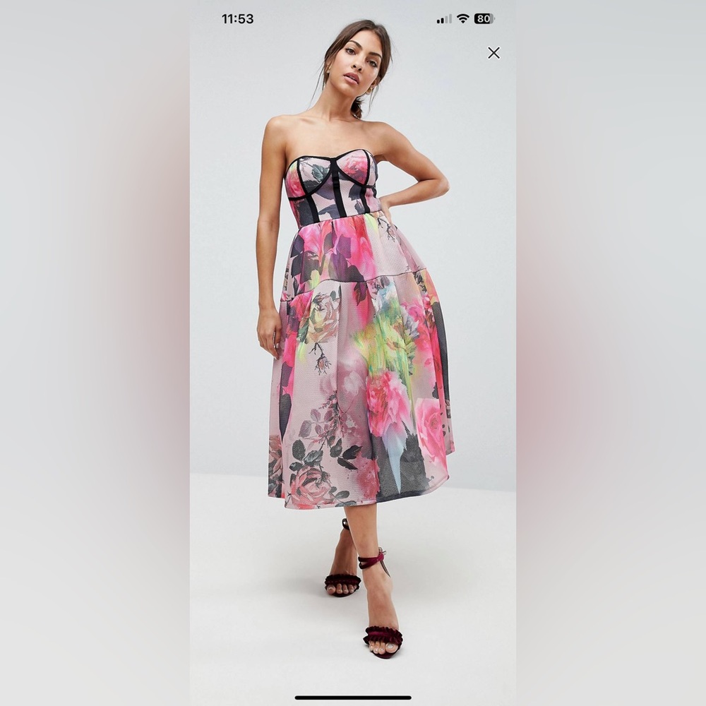 ASOS Bonded Mesh Bandeau Floral Midi Prom Dress NWT